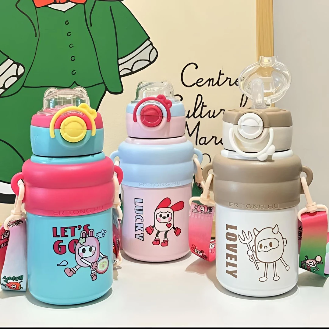 新款316不锈钢保温壶创意歪歪熊吸管双饮杯户外便携斜挎水壶学生