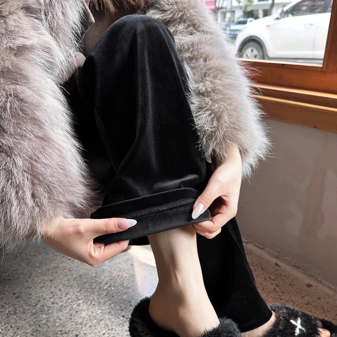 大码女装金丝绒窄版阔腿梨形微身材胖妹妹高腰宽松显瘦遮肉拖地裤