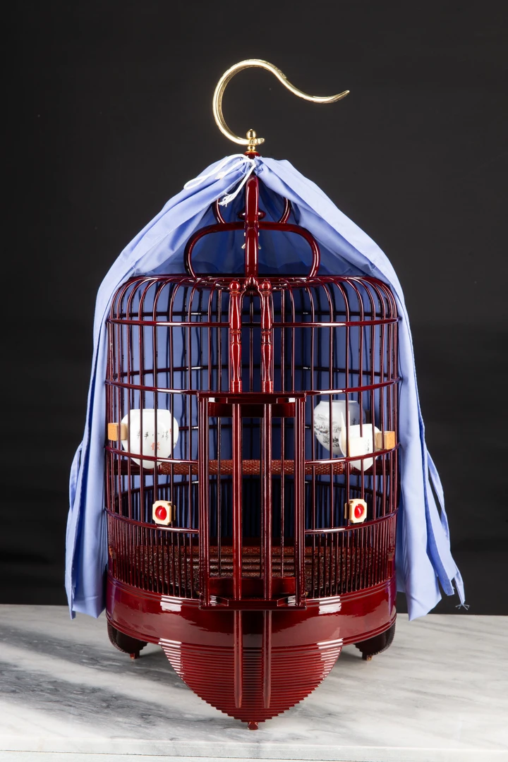 精工生漆广笼全套深色竹制老料雕刻广东西鸟笼子铜钩豪华配件清远