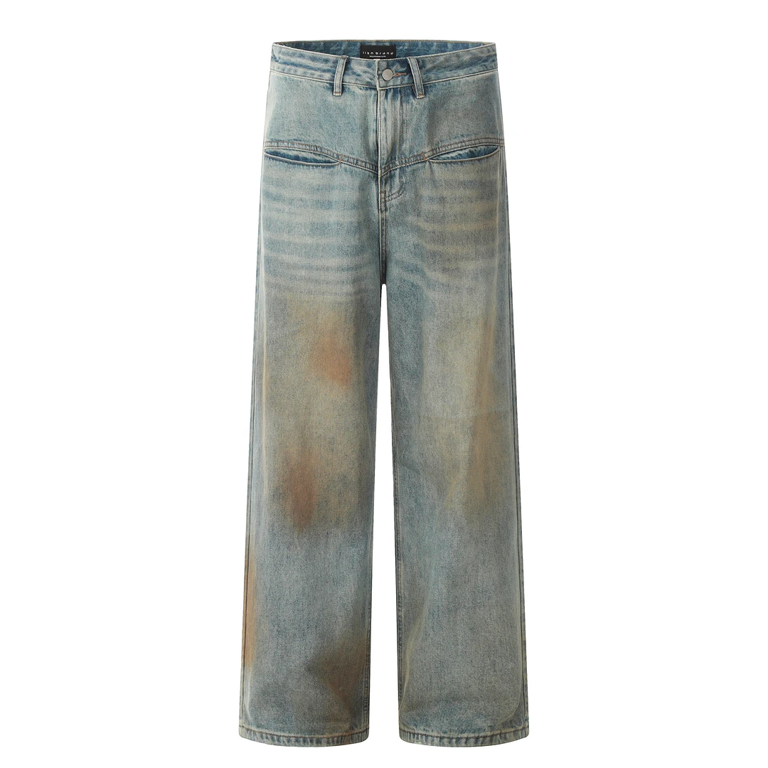 URKR美式复古2024直筒牛仔裤男女水洗黄泥染宽松拖地裤