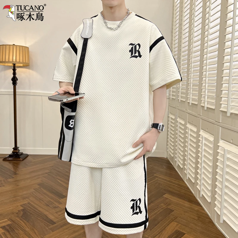 啄木鸟专柜夏季休闲套装男士潮流2023新款宽松运动短裤短袖两件套