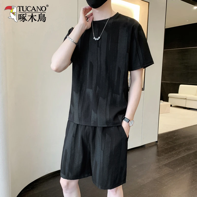 TUCANO/啄木鳥男士冰丝休闲运动套装夏季新款宽松短袖t恤两件套潮