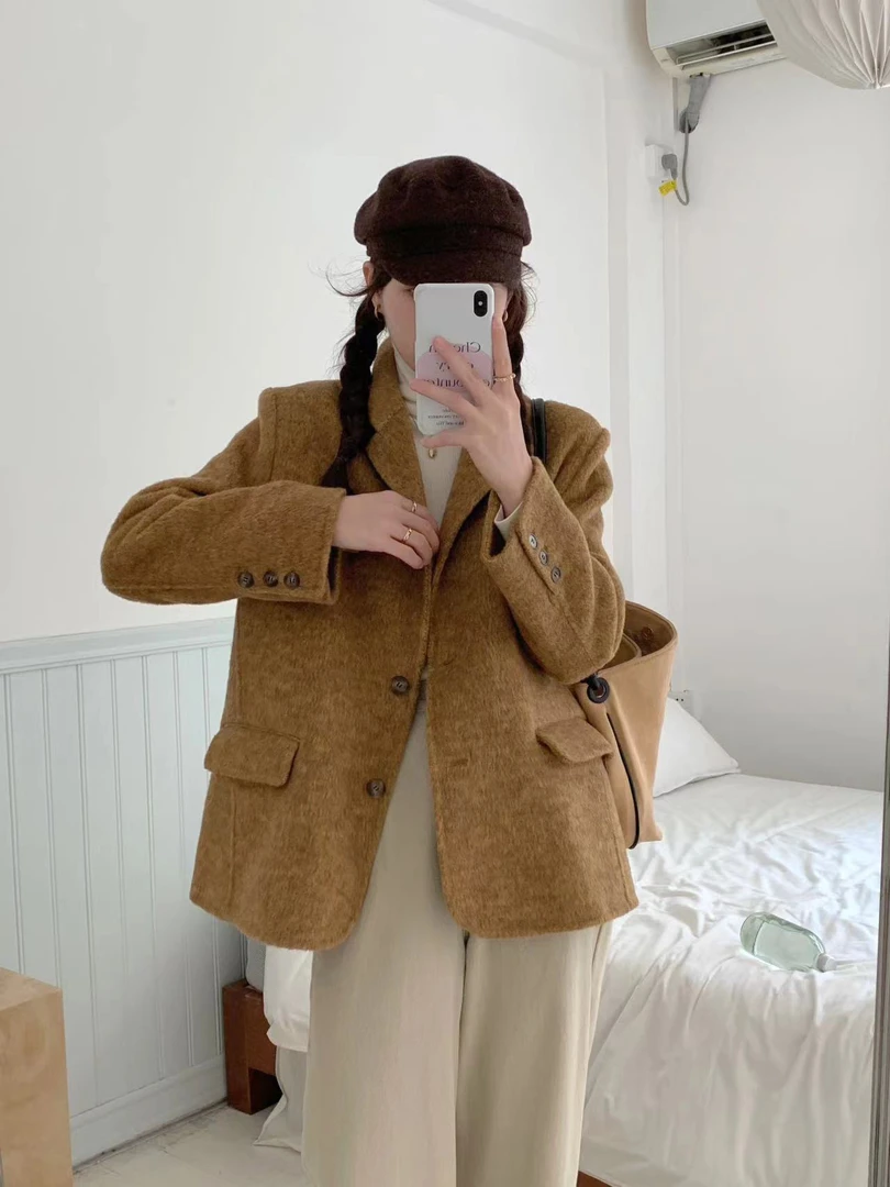 西装时双面羊毛显瘦女短款百搭气质宽松外套女毛呢外套小个子休闲