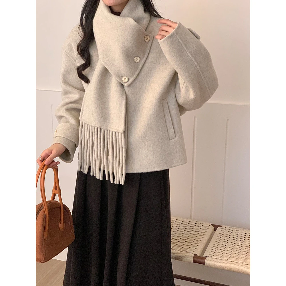 简礼家羊毛呢子外套款秋冬时尚韩版宽松围巾双面羊绒大衣女小个子