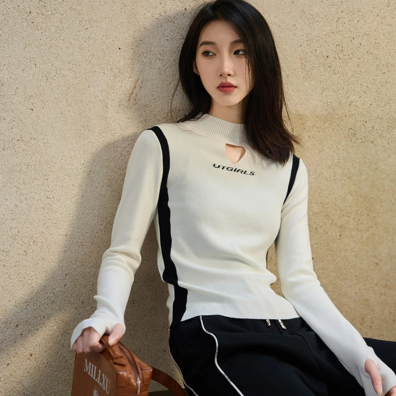 U/TI 奶白色撞色领口心机保暖冬季设计感长袖中高领针织打底衫