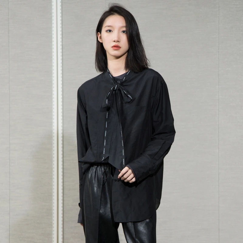 【MILXU系列】轻奢风时尚百搭下钟设计感醋酸黑色字母飘带长袖衬衫