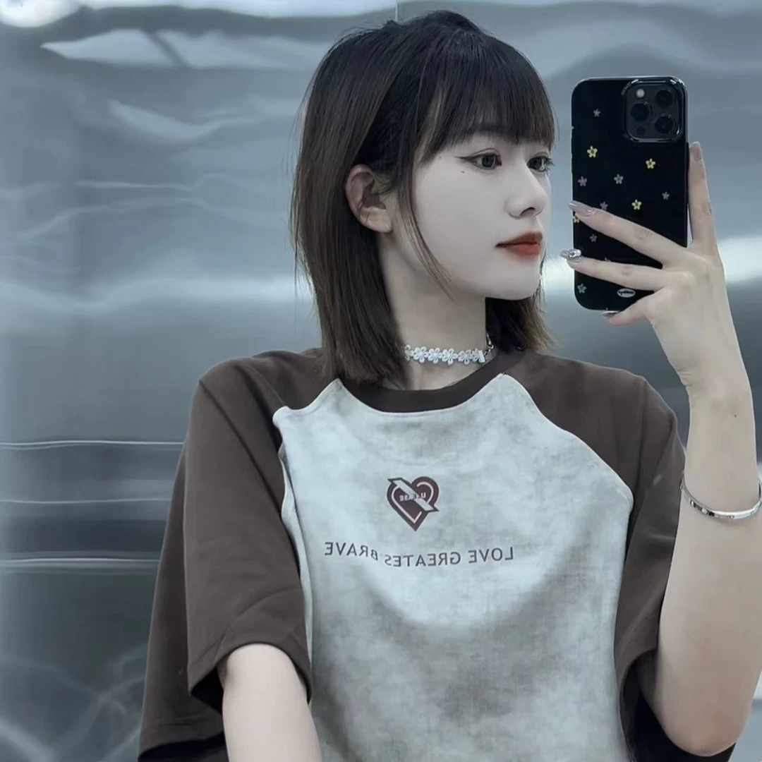 U/TI 24年夏季新款设计师款拼色感宽松水墨晕染插肩袖圆领短袖T恤