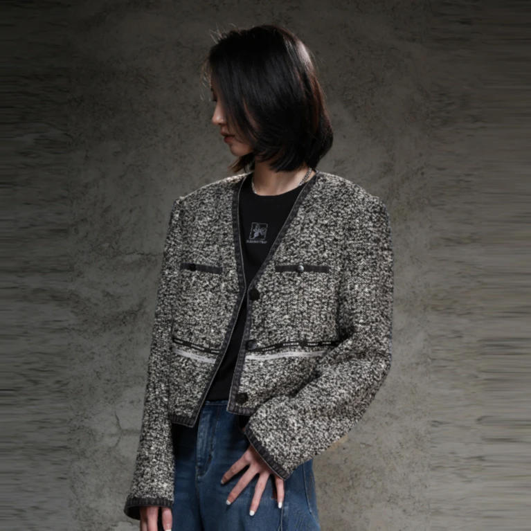 U/TI联名款深灰色粗花呢拼接短外套女装休闲上衣