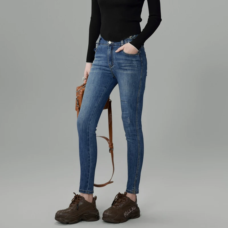 U/TI百搭修身弹力高腰牛仔裤女 时尚收腹铅笔裤小脚裤