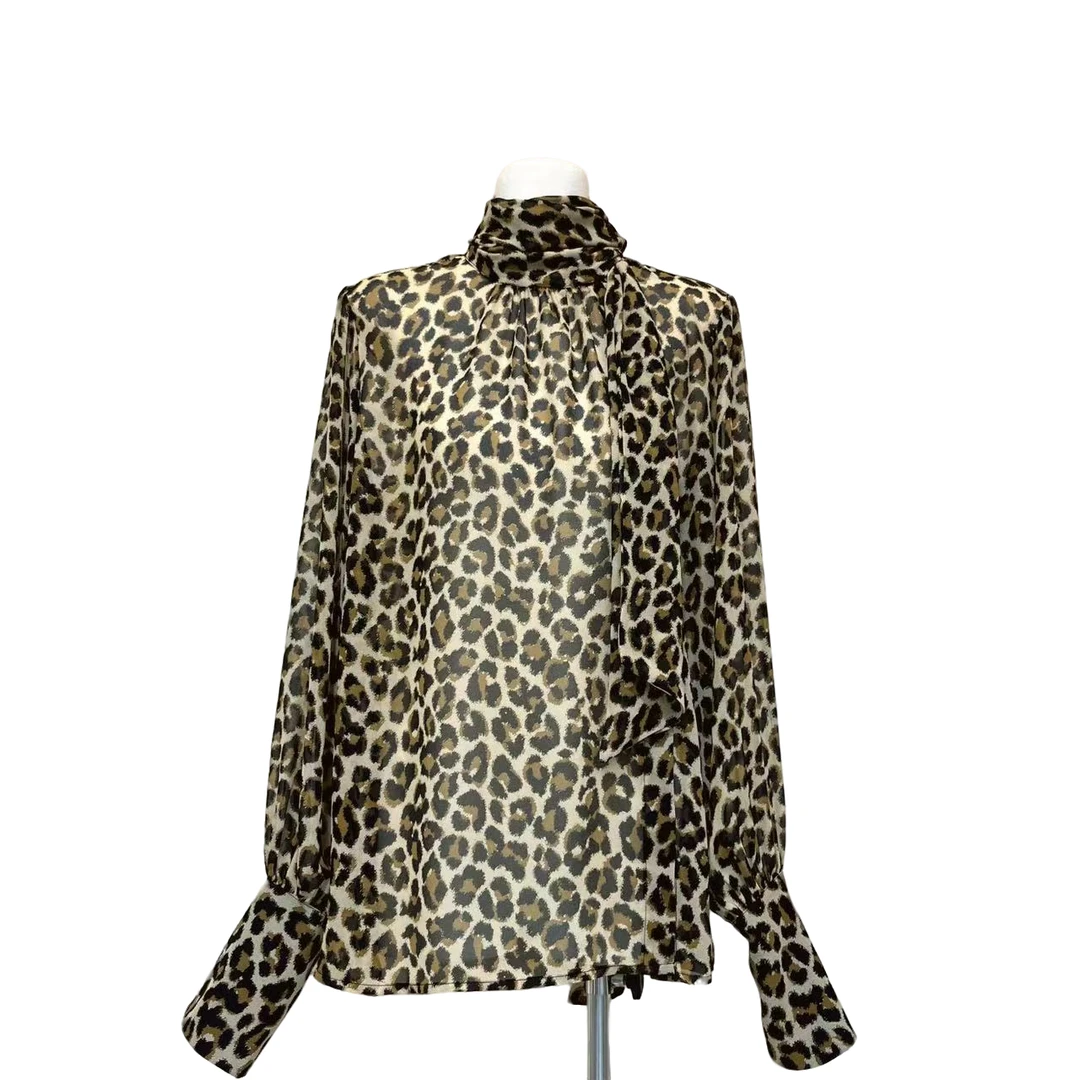 MONICA 洋气宽松斜扣固定绑带豹纹上衣