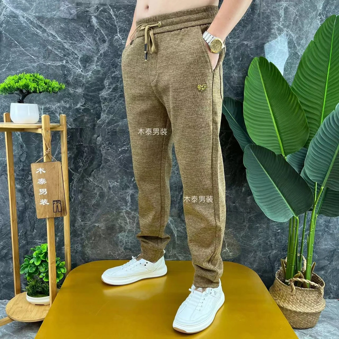 秋冬新款男士休闲裤加厚时尚轻奢斜条纹束脚裤商务百搭宽松男裤