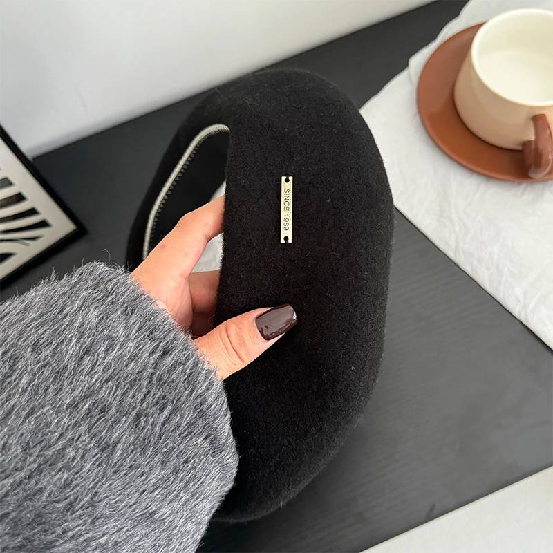 新款100%澳洲纯羊毛贝雷帽女秋冬日系小众大头围复古画家帽潮