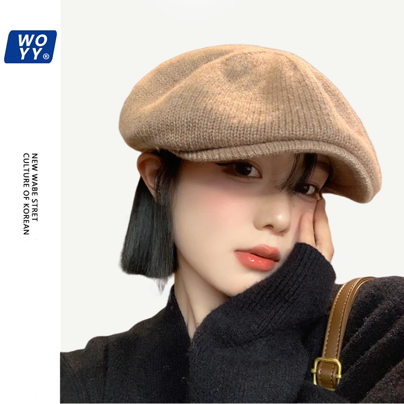 复古针织大头围云朵贝雷帽女秋冬英伦风百搭八角帽文艺显脸小帽子