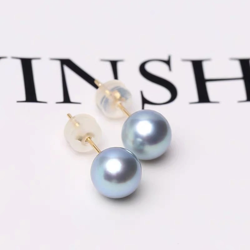 【寒屿珠宝】海水珍珠真多麻耳钉/8-9mm/18k/气质蓝色时尚