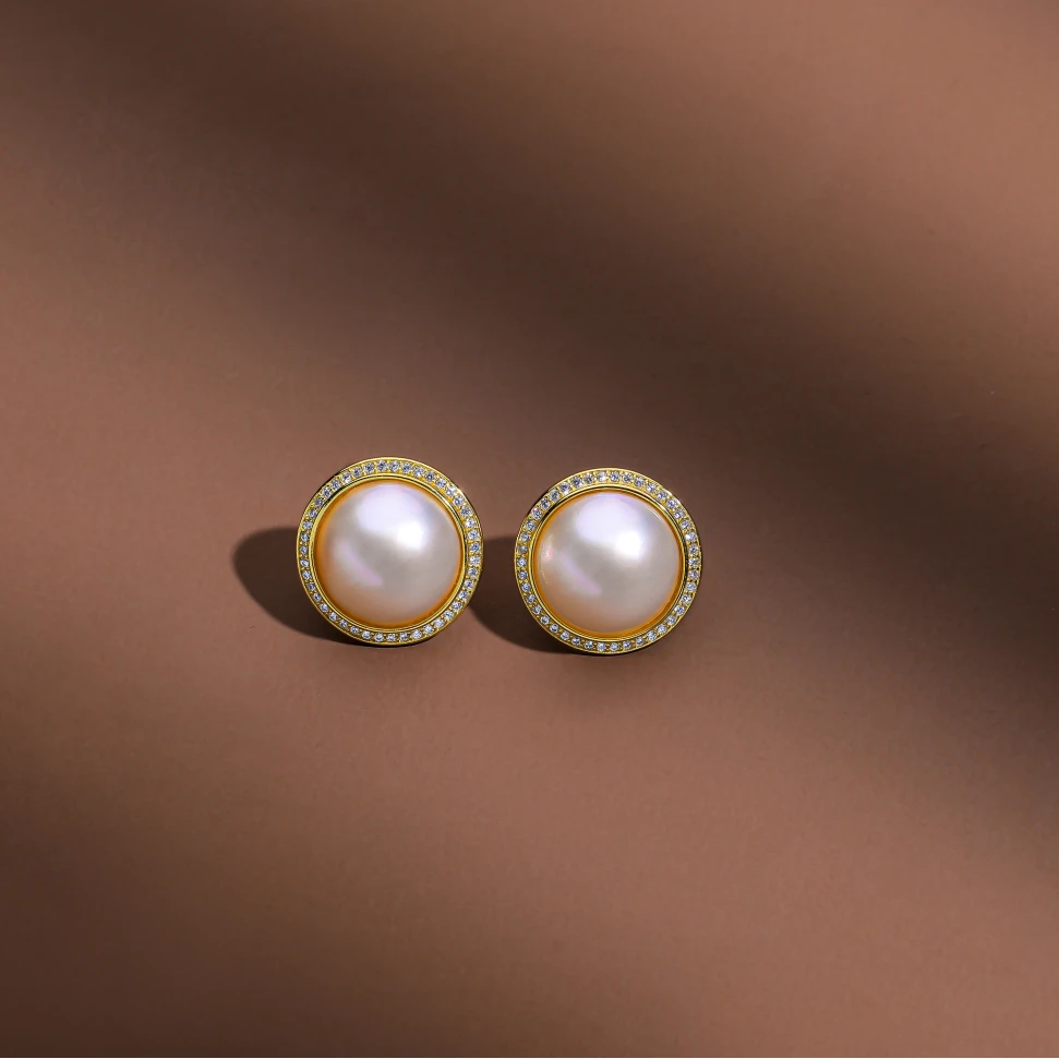 【寒屿珠宝】海水白色马贝珍珠耳钉/13-14mm/s925/气质时尚