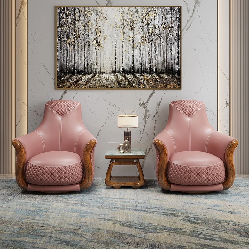 其迈森乌金木中式休闲椅单人椅实木真皮头层牛皮沙发转椅客厅家用