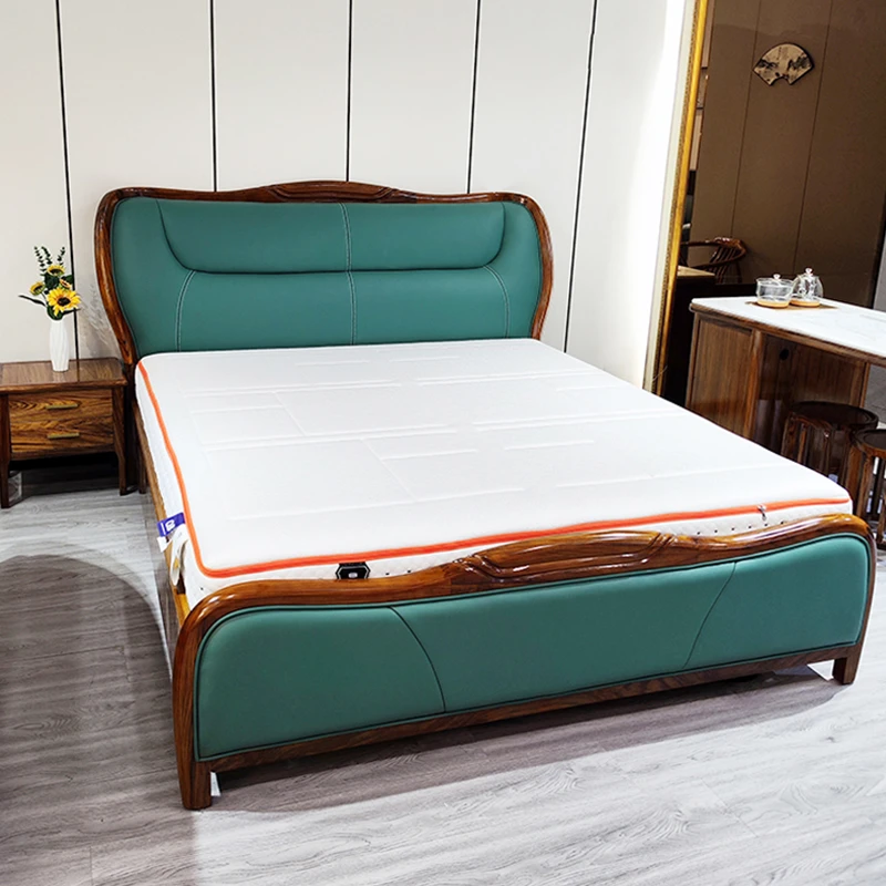 其迈森乌金木风格实木床1.8米别墅主卧新中式头层牛皮双人床定制