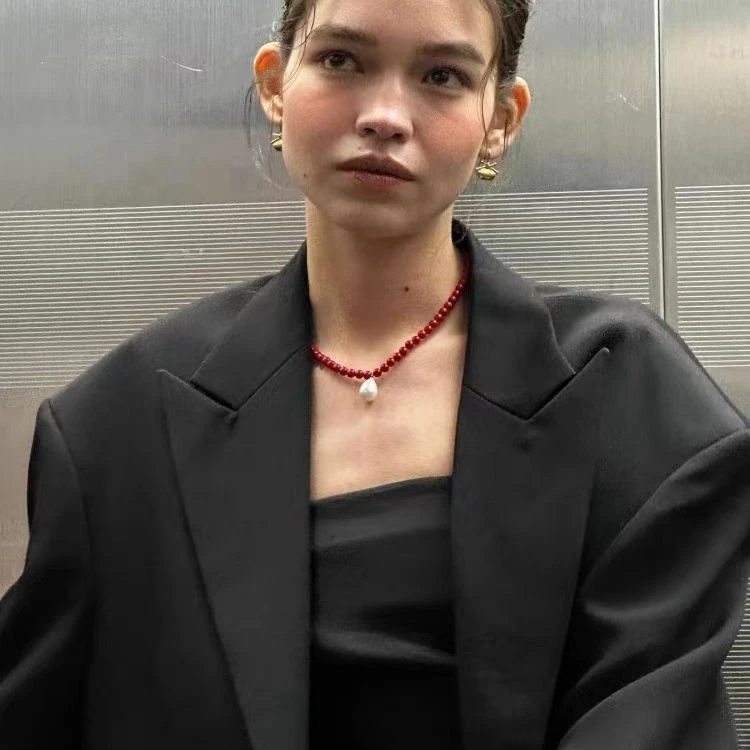 铜项链 圣诞节韩国小众设计款红色串珠吊坠项链锁骨链项链女