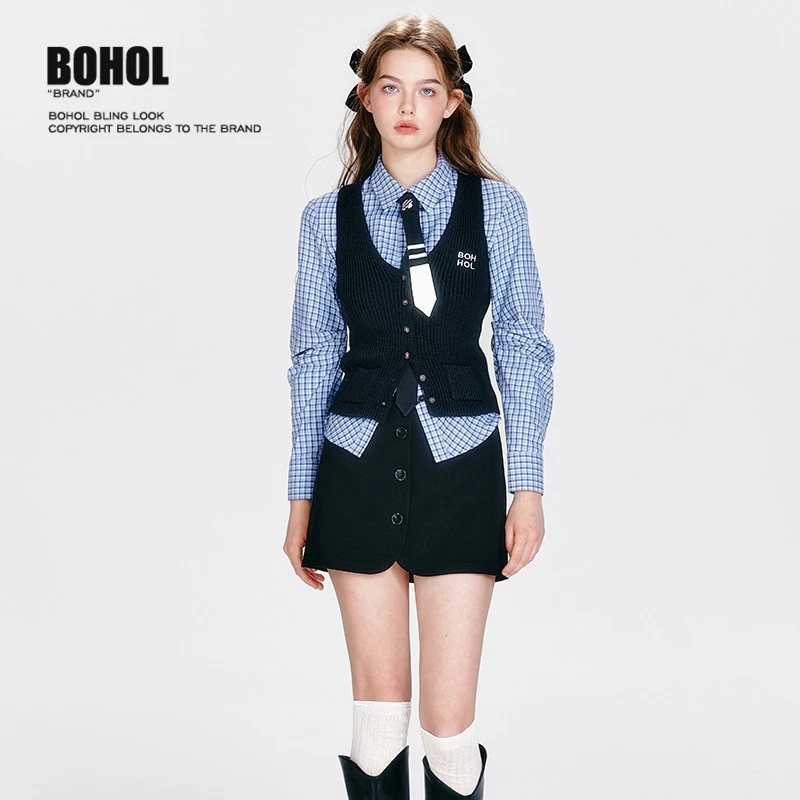 BOHOLBLING 薄荷不凉 洋气知识分子风蓝色格子收腰衬衫包臀裙套装