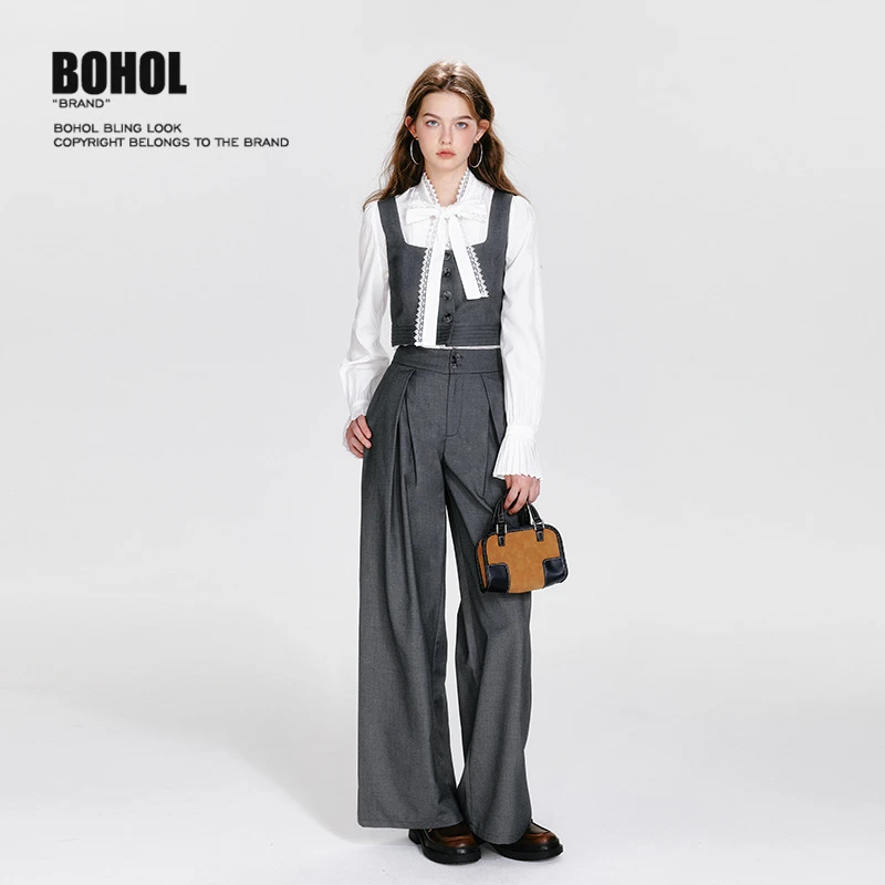 BOHOLBLING薄荷不凉财阀千金法式复古大方领收腰显瘦衬衫马甲套装