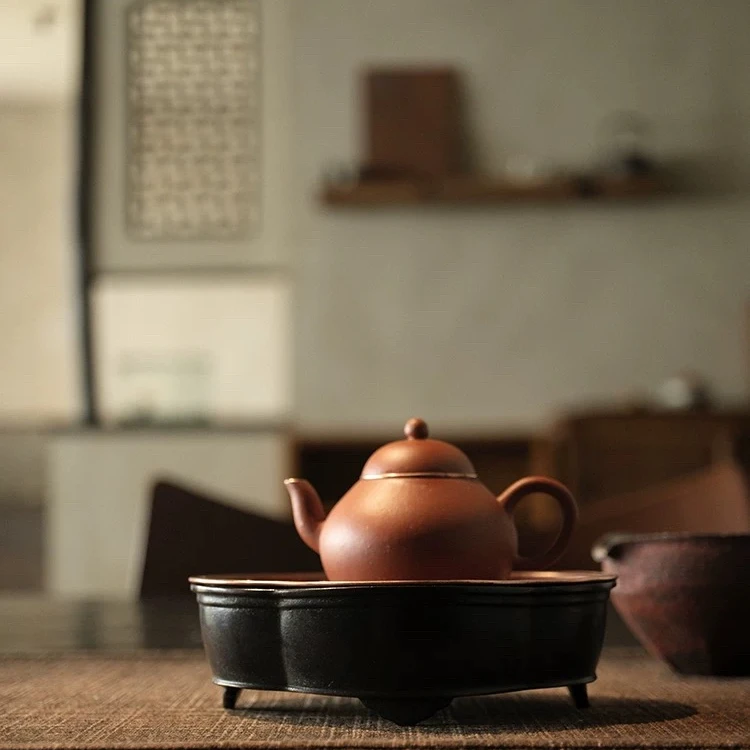 小鱼与木摹古海棠紫铜壶承 四足苏工铜盖茶船干泡台全手工