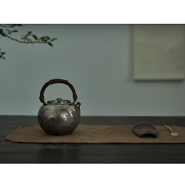 小鱼与木足银一张全手工藤提梁大壶 银壶煮水壶泡茶壶提梁壶