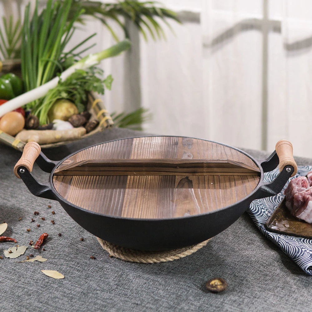 免开锅铁锅平底炒锅木柄双耳加厚不粘锅无涂层炖锅平底电磁炉可用
