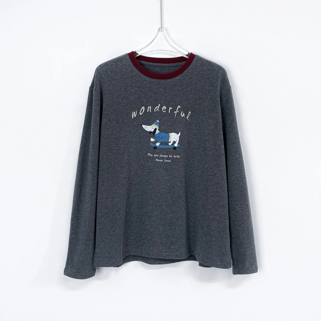 Q “滑板狗磨毛打底”卡通休闲拼色T恤 T24298