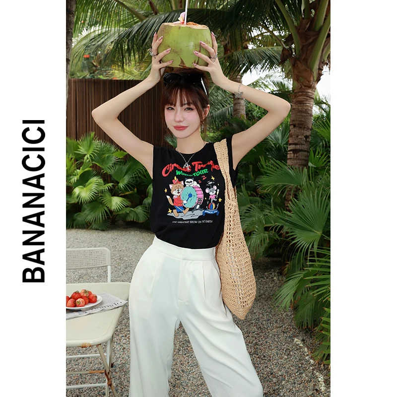 BANANA CICI2023夏季新款复古撞色趣味猫咪印花背心女卡通图案T恤