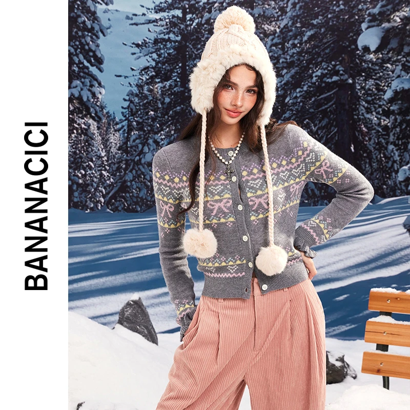 BANANA CICI2024年冬季新款费尔岛蝴蝶结提花木耳边针织开衫外套