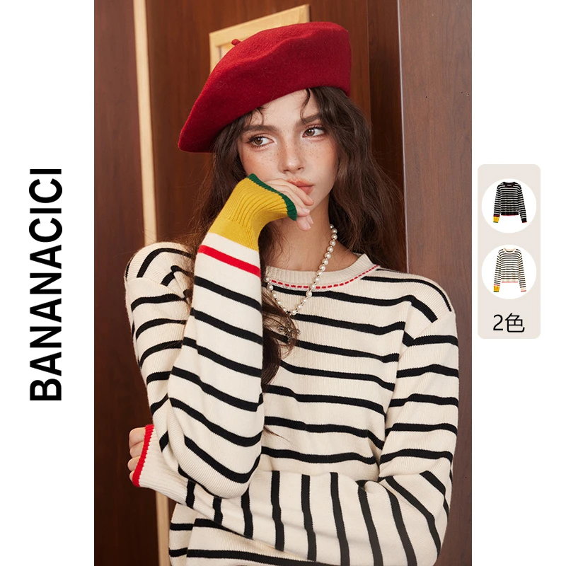 BANANA CICI2024年冬季新款复古时髦重工撞色条纹针织衫圆领毛衣