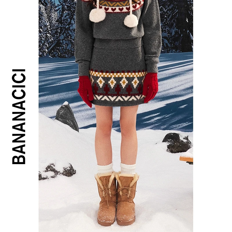 BANANA CICI2024冬季新款百搭撞色含羊毛短裙针织包臀A字半身裙