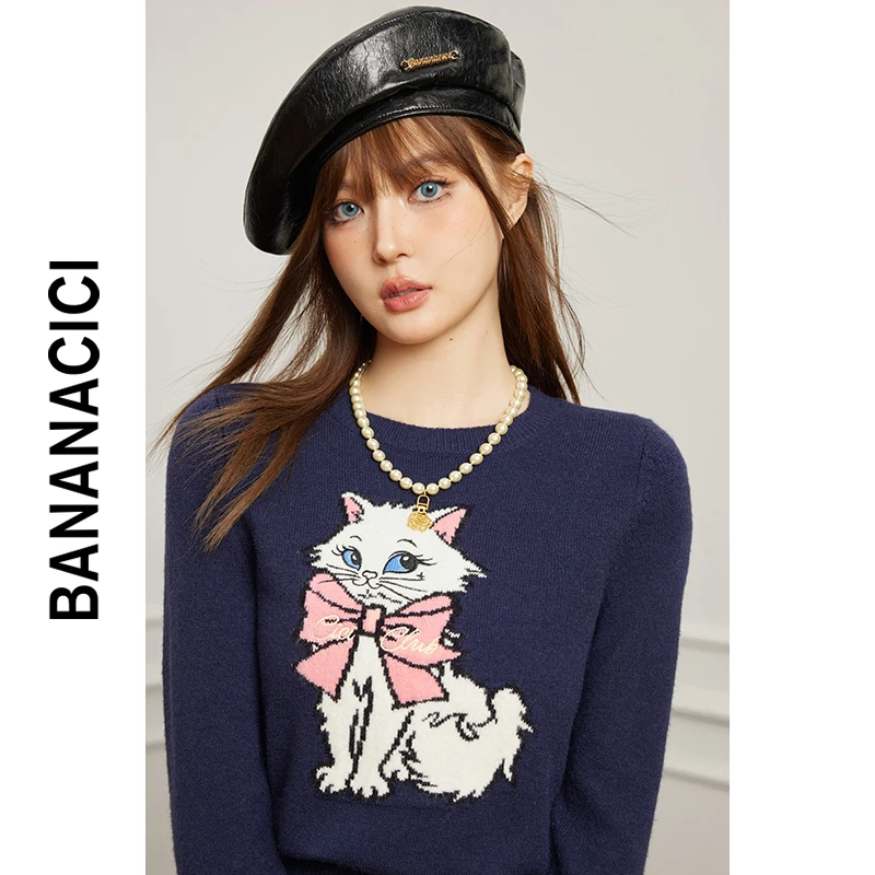 BANANA CICI2023冬新款美拉德风原创猫咪图案针织衫圆领套头毛衣