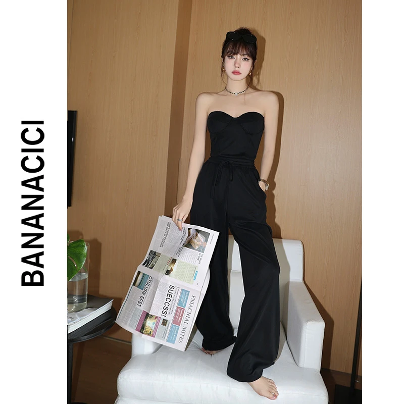 BANANA CICI2023年夏季新款时髦凉感阔腿裤女舒适系带休闲长裤潮