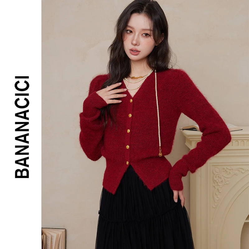 BANANA CICI2023年冬季新款复古V领泡泡袖正肩毛衣女精致针织开衫