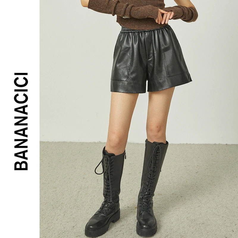 BANANA CICI2023年秋季新款复古高腰字母刺绣PU皮裤女松紧腰短裤