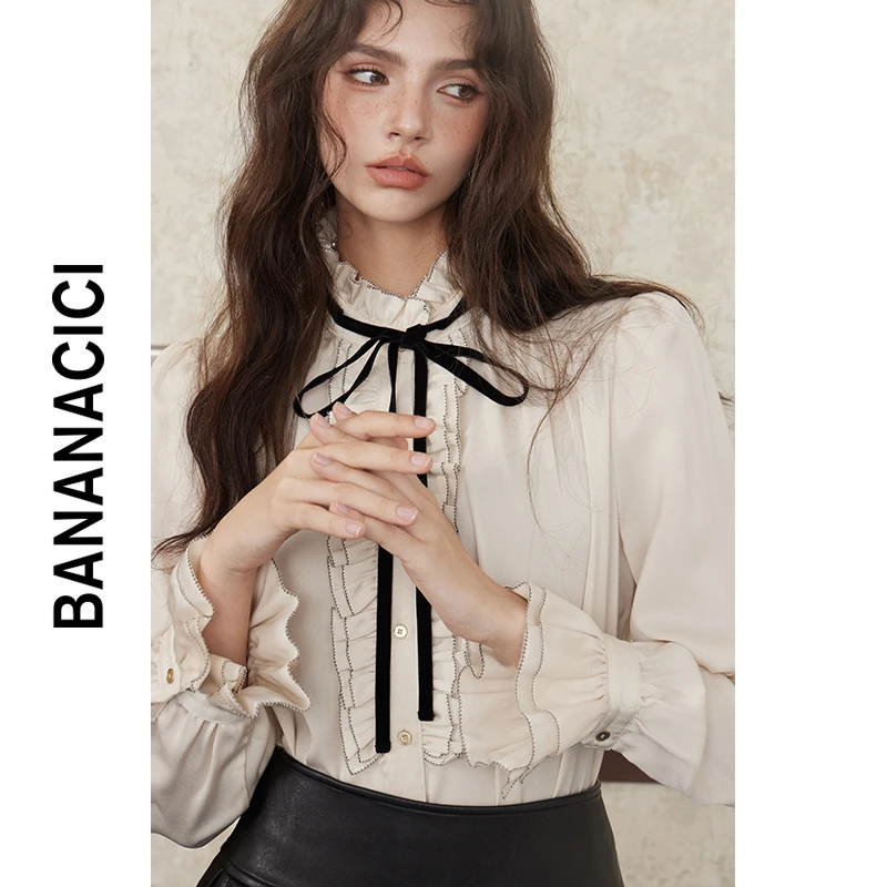 BANANA CICI2025年秋季学院风立领对丝撞丝绒织带系结衬衫