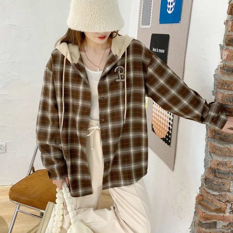 新款复古格子气质简约百搭带帽衬衫