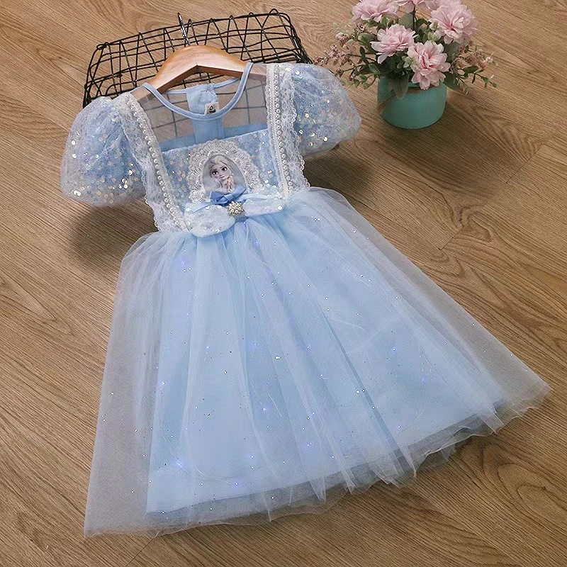 MN女童亮灯公主连衣裙2024夏季新品洛丽塔网纱冰雪奇缘爱莎公主裙