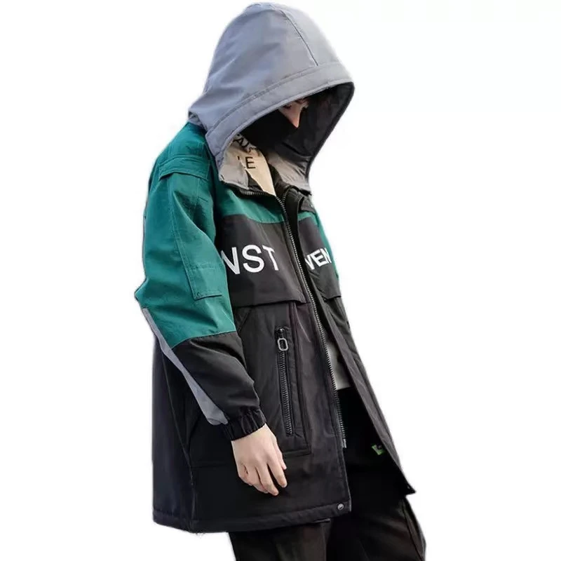 （LAOHE）MF-3172 中长款时尚连帽加厚韩版拼接冬季休闲百搭棉服