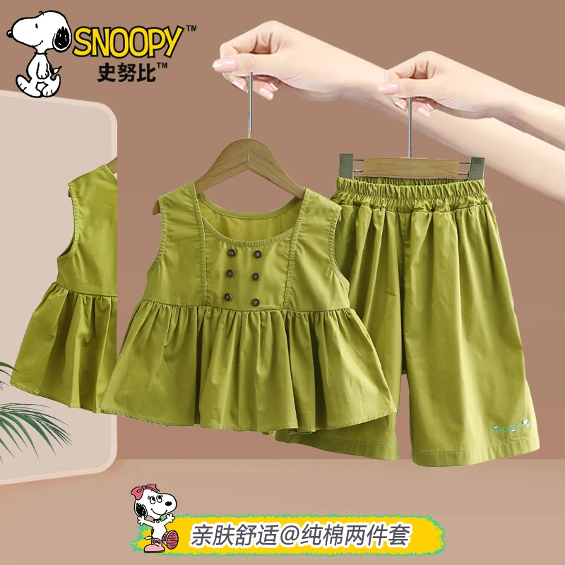 Snoopy/史努比儿童显白森系上衣五分裤套装 女宝夏纯棉儿童裤子