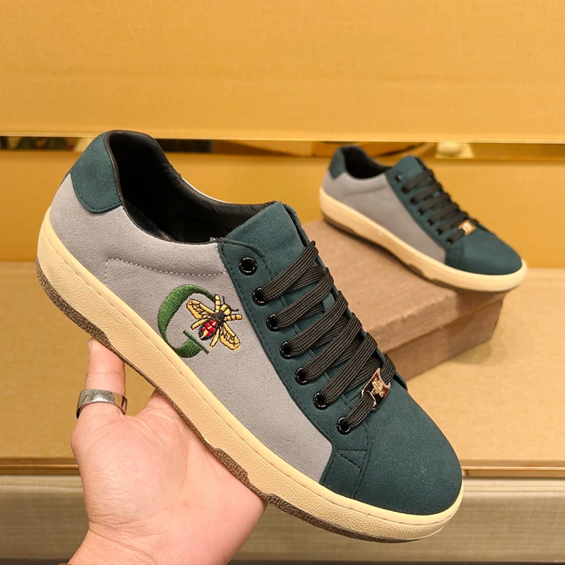 切奈尔高级反绒面绿色拼色板鞋男士韩版潮流时尚休闲潮鞋2023春秋