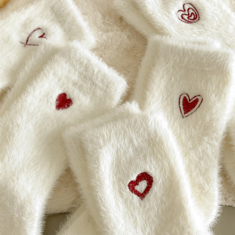 水貂绒袜子女冬厚袜子加绒加厚保暖月子袜冬天过冬居家睡眠袜白色