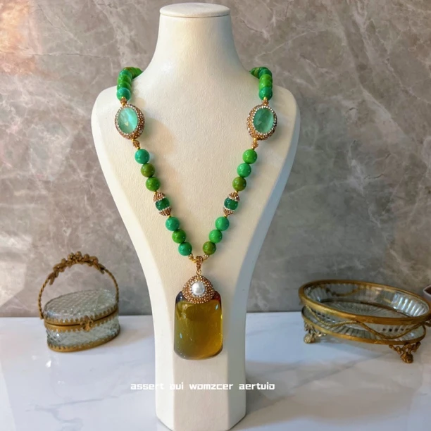 铜合金项链 露娜薇尔雅系列 绿色搭配满镶颗粒双面9575长款轻奢