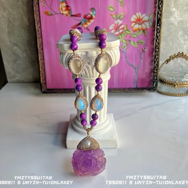 铜合金项链 紫罗兰花朵系列 满镶双面多颗粒9453长款紫色百搭时尚