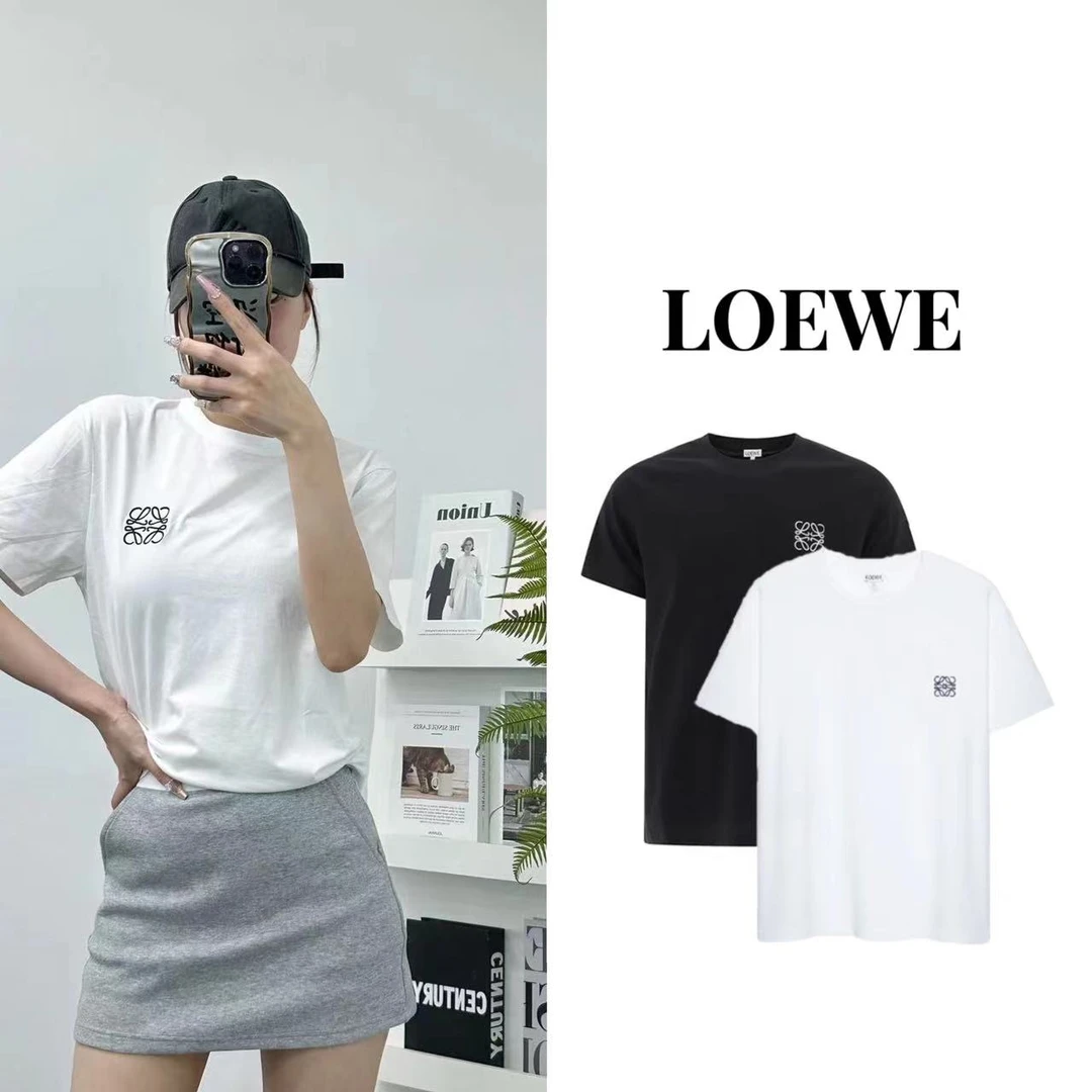 LOEWE罗意威  经典Logo剌绣圆领 套头短䄂 落肩䄂T恤 男款 黑白色