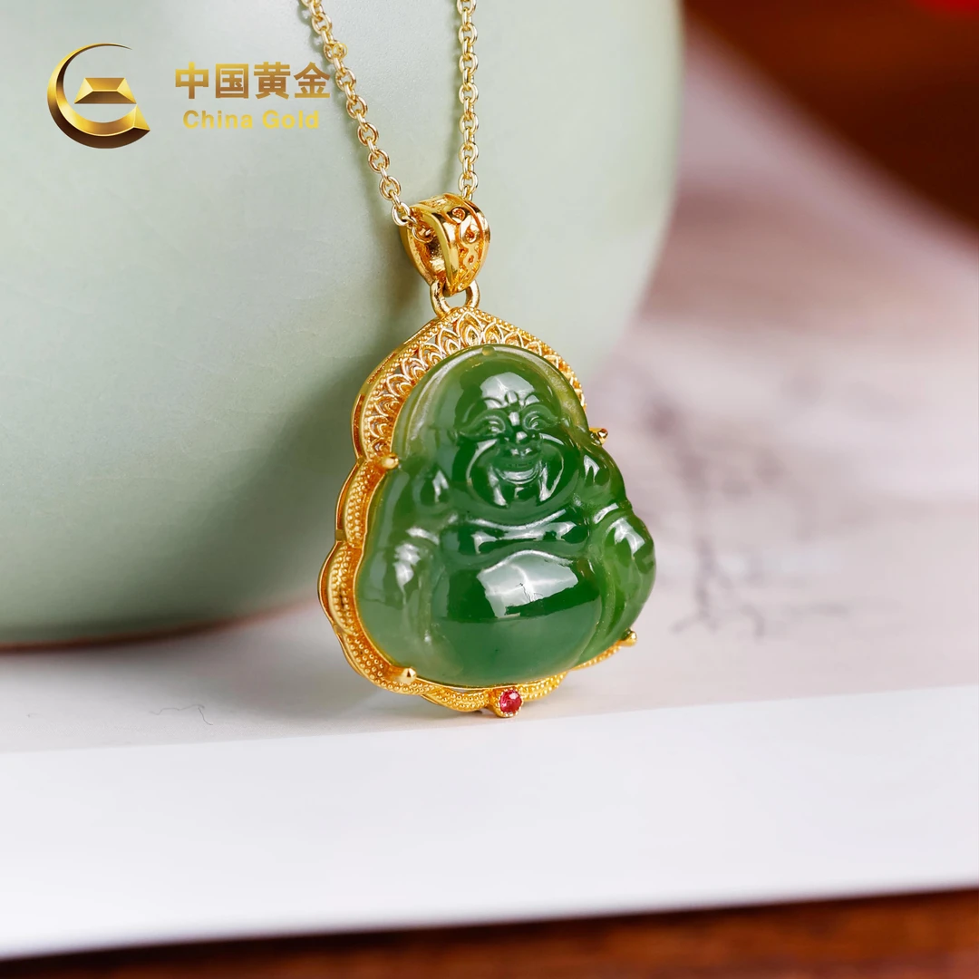 【中国黄金】18K金和田玉碧玉佛公吊坠-D3782-【北】