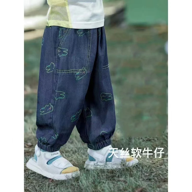儿童天丝牛仔裤2025新款印花防蚊裤男童夏季百搭透气宽松休闲裤潮