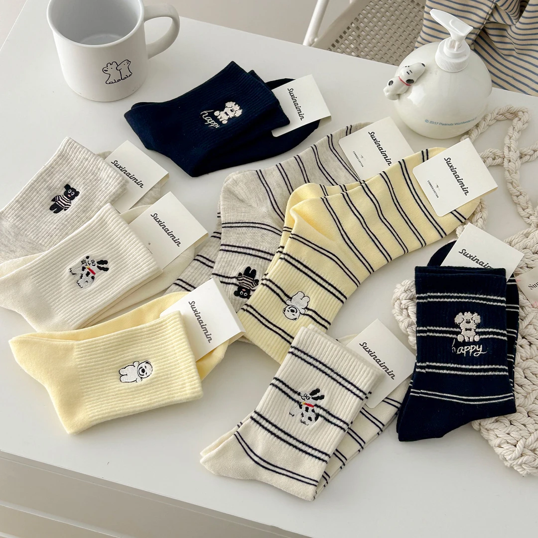 杭臻小狗袜子女中筒袜夏季棉袜爆款2025新款日系可爱条纹春秋长袜