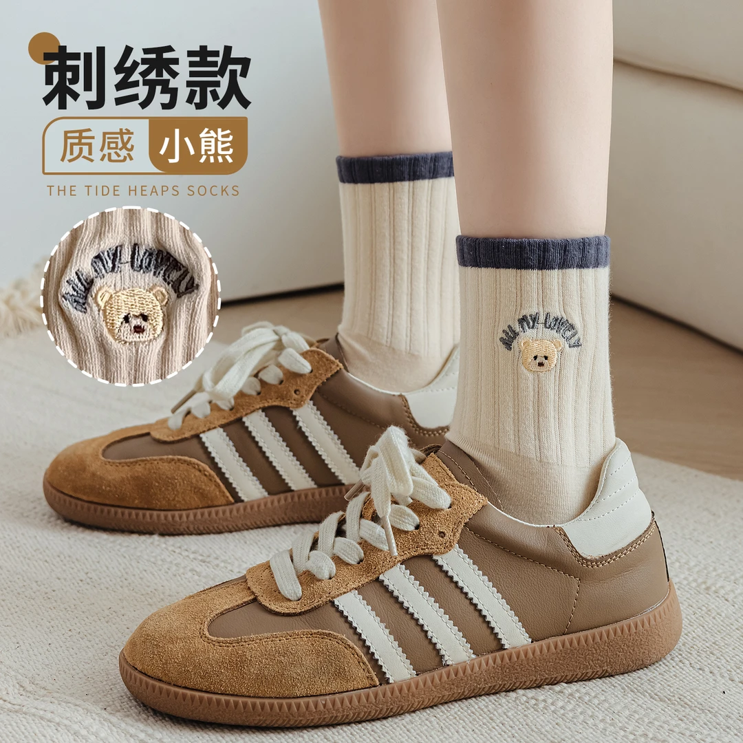 小熊袜子女春夏季薄款中筒袜棉袜无骨袜网红款日系可爱女生长筒袜